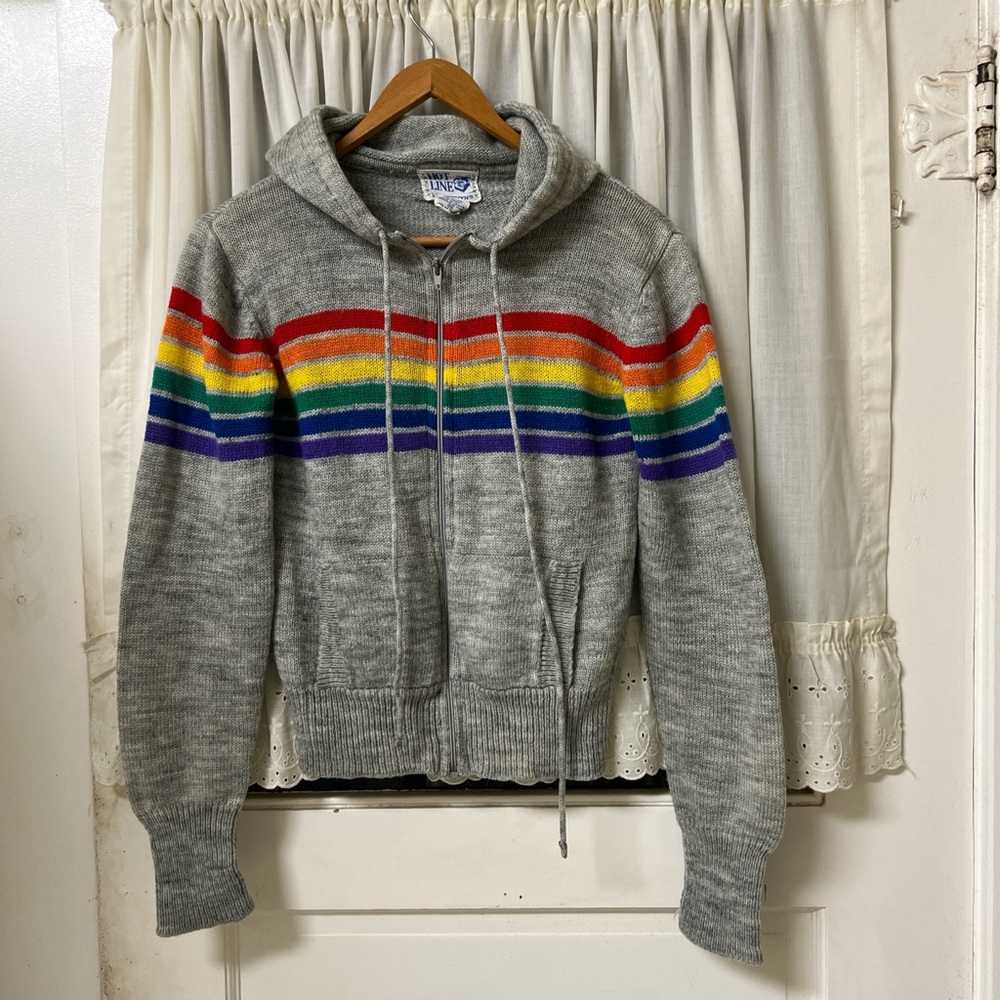 Vintage Gray Hoodie with Rainbow Stripes